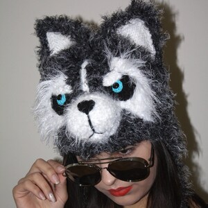 Fluffy Gray Husky Winter Hat – Handmade Kids & Adult Hat, Blue Eyes