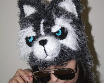 Fluffy Gray Husky Winter Hat – Handmade Kids & Adult Hat, Blue Eyes