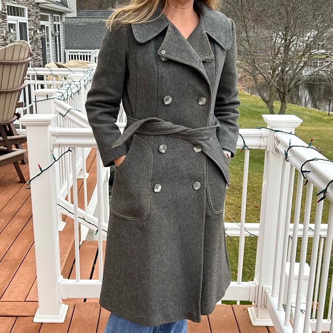 Vintage Gray Wool Belted Trench Coat EUC Etsy