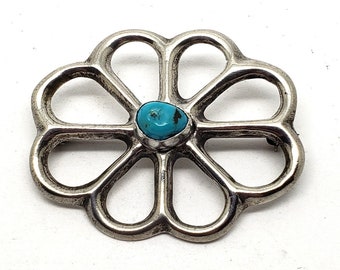 Vintage Navajo Turquoise Brooch Sand Cast Sterling