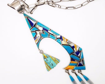 Navajo Inlay Turquoise Kachina Necklace, Southwest Sterling Silver Pendant Statement