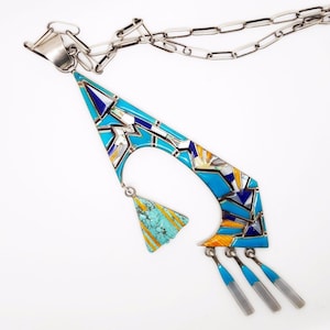 Navajo Inlay Turquoise Necklace Southwest Silver Turquoise Kachina Necklace Wearable Art Unique Gift For Her Turquoise Jewelry Artisan