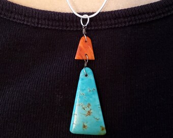 Turquoise and Spiny Oyster Necklace, Minimalistic, Sterling Silver, Southwestern, Turquoise Jewelry