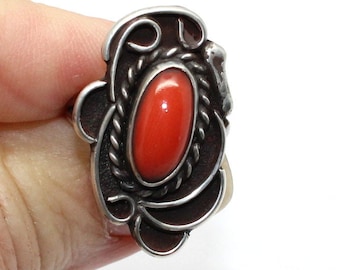 Genuine Vintage Navajo Mediterranean Coral Ring Silver Size 5.25, Coral jewelry, Navajo Coral Jewelry, Navajo Ring
