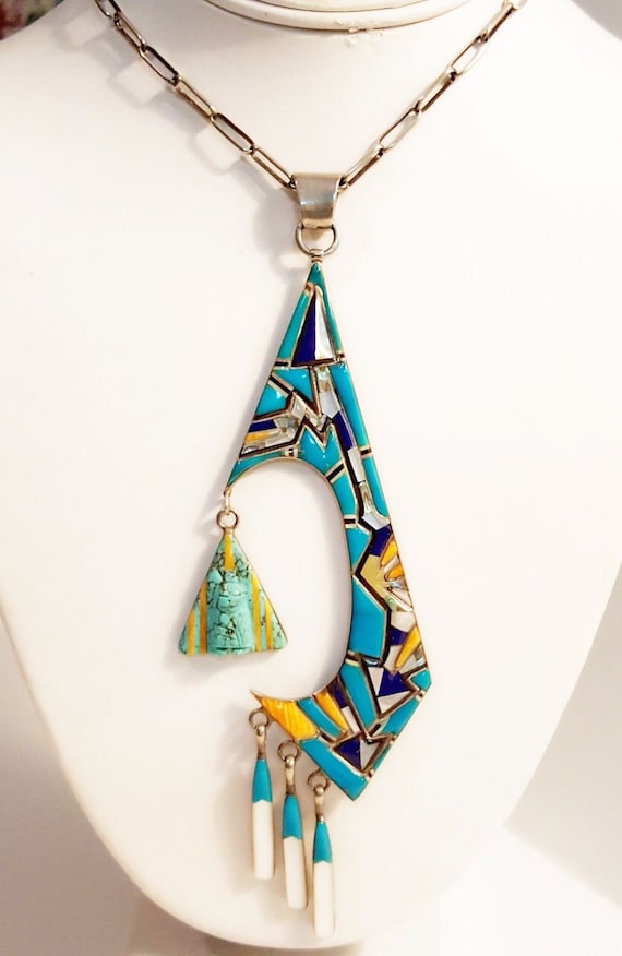Navajo Inlay Turquoise Necklace Southwest Silver Turquoise