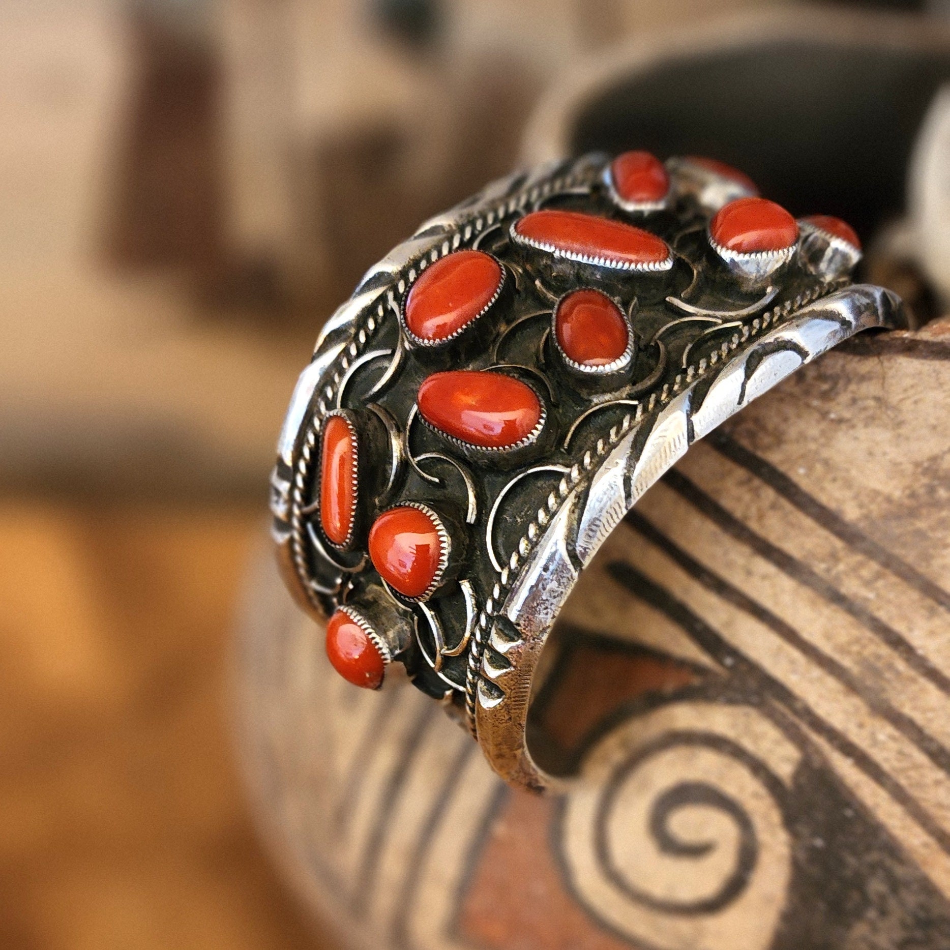 Navajo Mediterranean Red Coral Cuff Bracelet 1970's Vintage Navajo Mediterranean Red Coral Cuff Bracelet 1970's Vintage