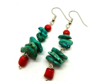 Turquoise and Coral Drop Earrings Hypoallergenic