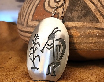 Vintage Hopi Kokopelli Sterling Silver Pendant Necklace - Larry Polivema, 1970s