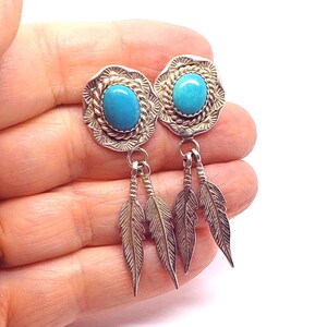 Sleeping Beauty Turquoise Feather Earrings – Southwest Sterling Silver Native Style Jewelry, Boho Turquoise Drop Earrings