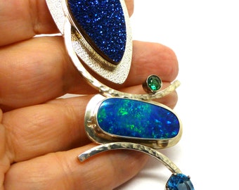 Drusy-Opal-Blue Topaz-Edenite Pendant Sterling Silver