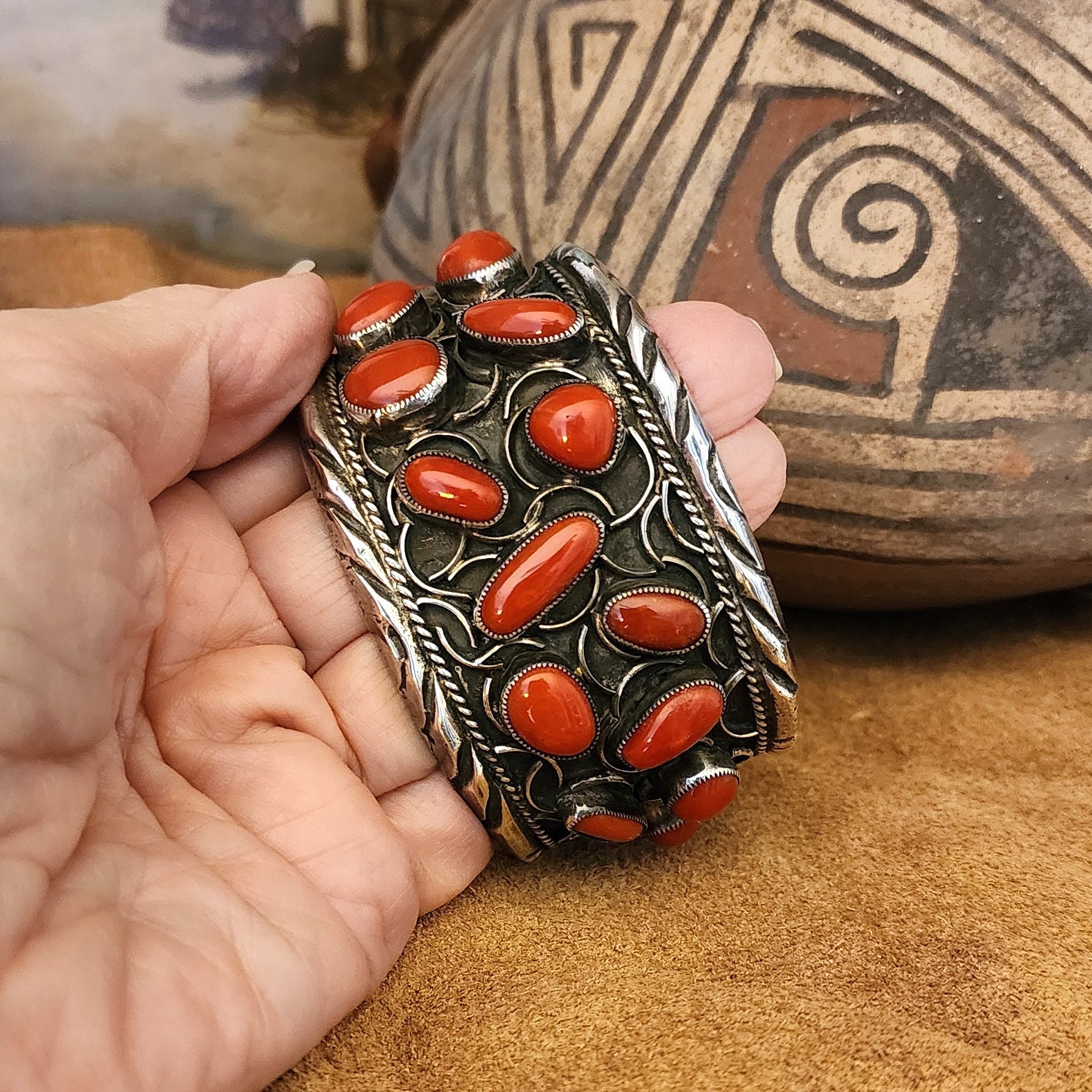 Navajo Mediterranean Red Coral Cuff Bracelet 1970's Vintage Navajo Mediterranean Red Coral Cuff Bracelet 1970's Vintage