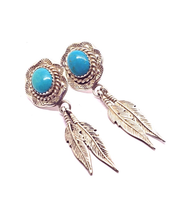 Southwest Turquoise Feather Earrings, Sterling Sil