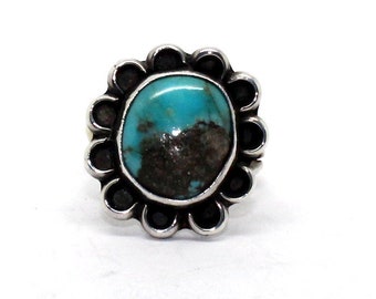 1960s Navajo Boulder Turquoise Ring, Sterling Silver Size 6.5