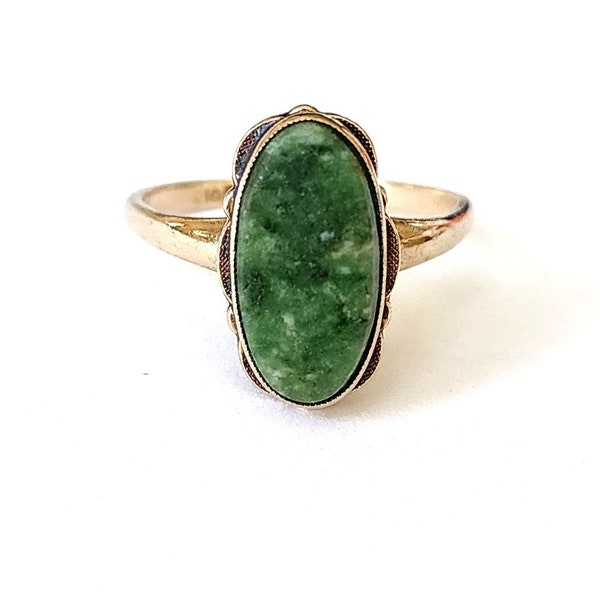10K PSCO  Nephrite Jade, Mossy Green Jade, Genuine Jade Ring, Vintage Filigree Gold Ring, Yellow Gold Jade Jewelry, Ring For Women Gift