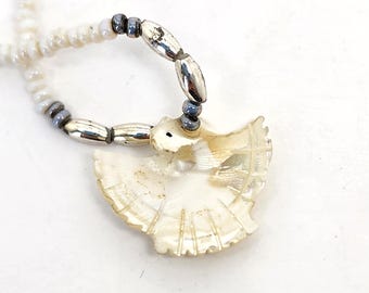 Mother of Pearl Eagle Necklace - Handmade Jewelry - Vintage Beaded Southwest Necklace 17"