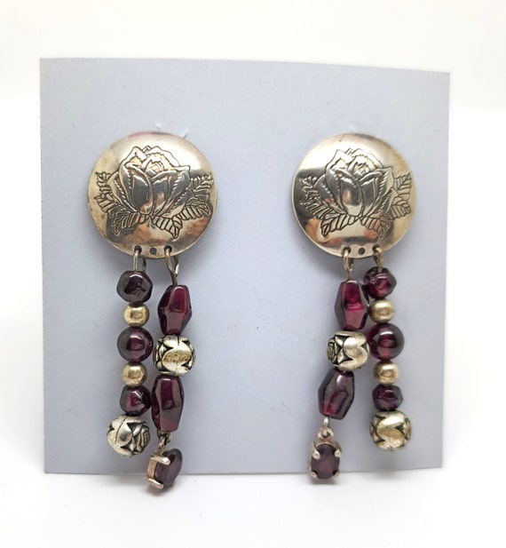 Silver Rose Earrings with Garnets, Dangle Earring… - image 1