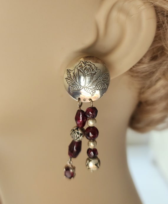 Silver Rose Earrings with Garnets, Dangle Earring… - image 2