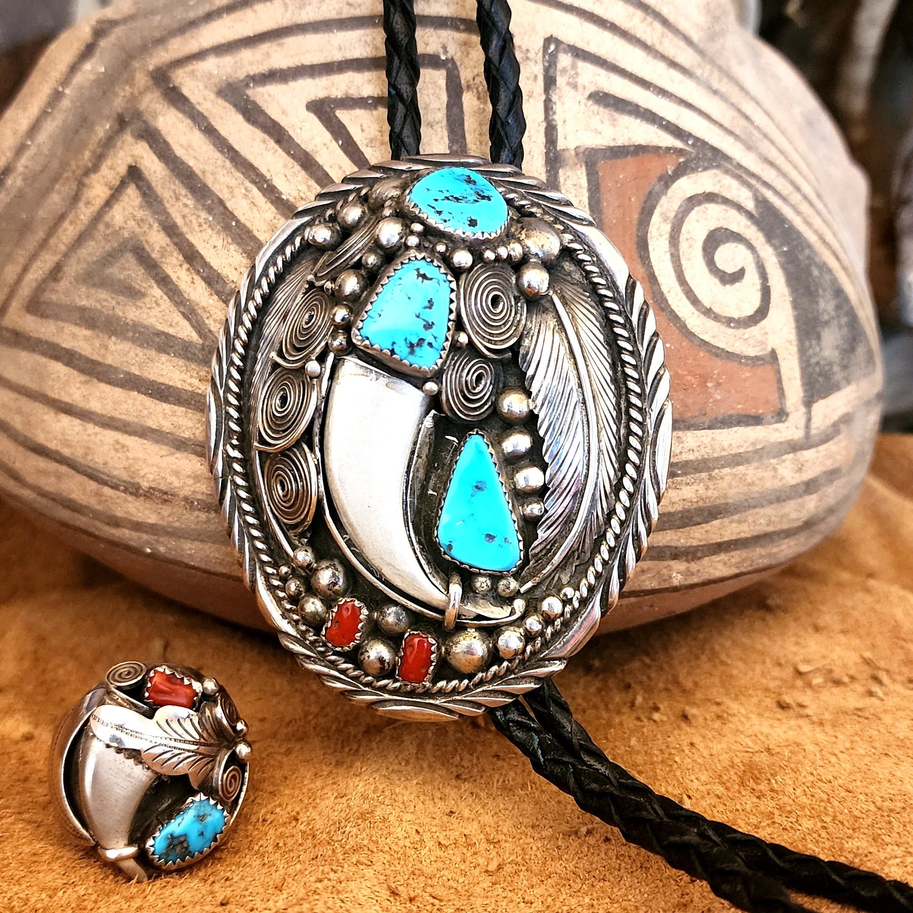 Matching Bolo and Ring Set Navajo Turquoise and Coral Bolo Sterling ...