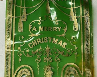 RARE Antique Victorian Merry Christmas Celluloid GREEN Banner Holiday Decor