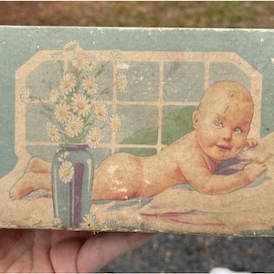 Caja de cartón vintage con publicidad de zapatos de bebé, cajas coleccionables, tapete