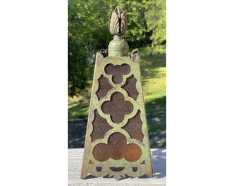 Vintage Metal Gothic Style Pendant Lamp w/ Amber Glass Panels Architectural