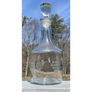 Antique Etch Glass Decanter Grape Leaves Wine Bottle 1930s - 1950s RETRO Vintage