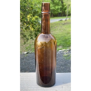 12&quot; Antique c. 1860&#39;s Amber Glass Bottle 19th C. Victorian Collectible