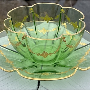 Antique Victorian 19th C Moser Green Gilt Finger Bowl Saucer Lobed Clover