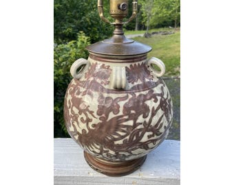 Mid-Century Vintage Iron Red Underglaze Stoneware Five Handle Asian Pottery Lamp