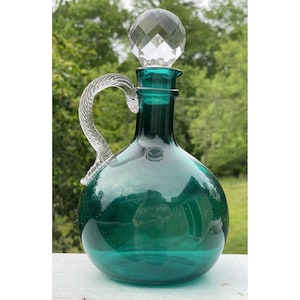 Antique Hand-Blown Green Glass Whiskey Jug Cruet Decanter w Twist Applied Handle