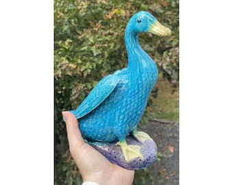 LARGE Antique 20th C. Chinese Porcelain Blue Duck Figurine Art Sculpture