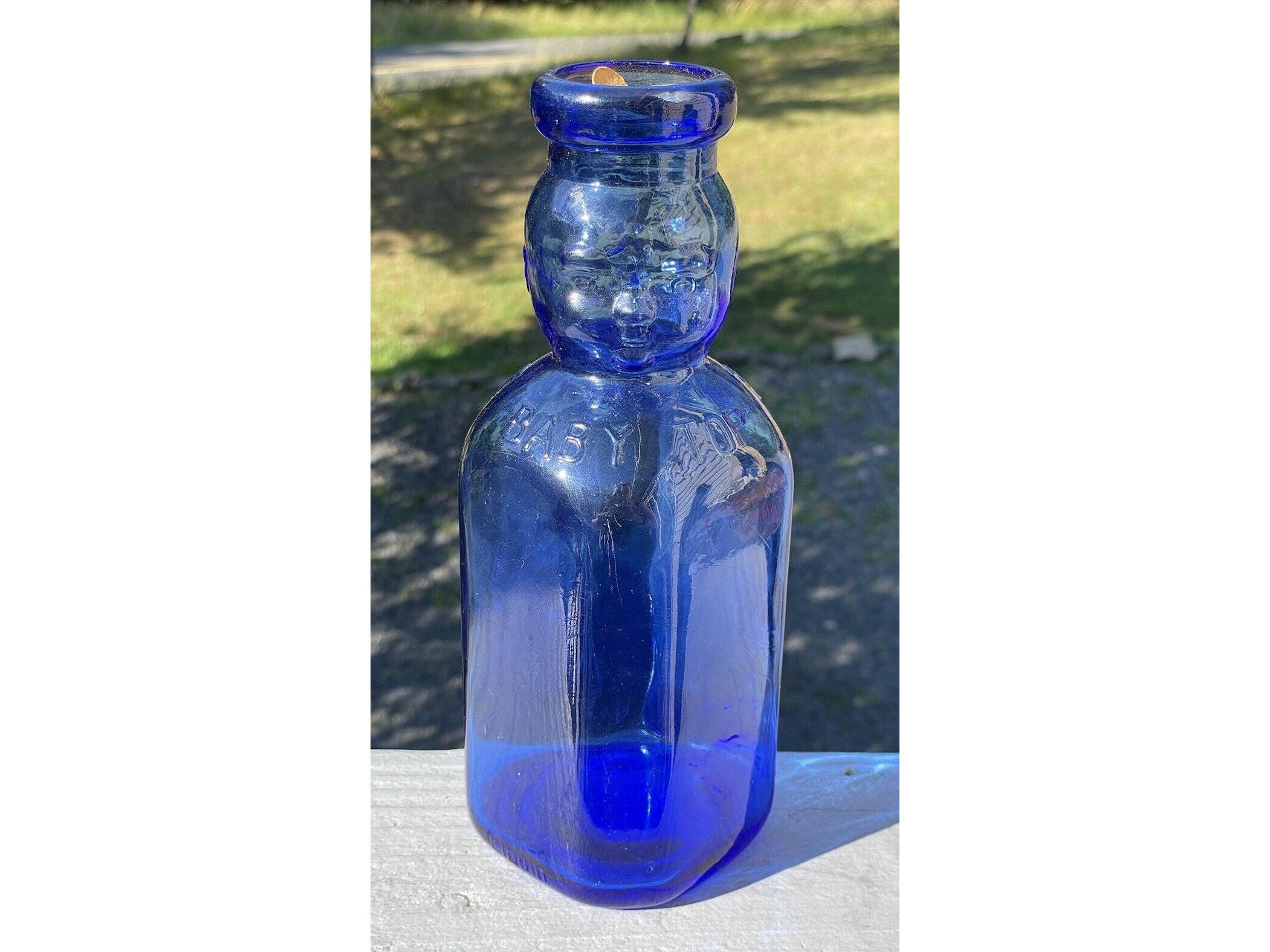 RARE Label Cobalt Blue Brookfield Double Side Face Baby Quart 9.5