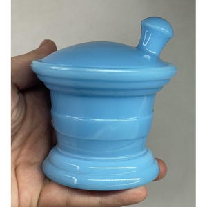 ZELDZAME Vintage jaren 1930 turkooisblauwe Akro-agaat J.V. Co. Mortar & Stamper glazen pot