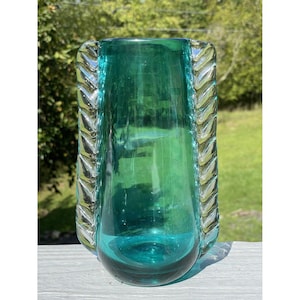 Mid-Century Modern Turquoise Blue Winged Art Glass Vase Bischoff WV Blenko