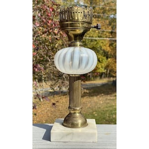Vintage Fenton Opalescent Ribbed Swirl Brass Table Lamp w/ Marble Base