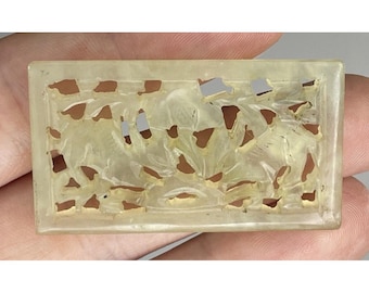 Antique Chinese Green Jade Rectangular Openwork Plaque w/ Rabbits