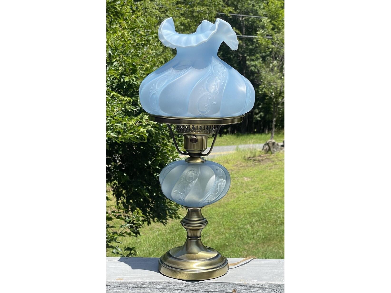 RARE Vintage Ice Blue Satin Frost Fenton Paisley Glass Table Lamp 20th C.