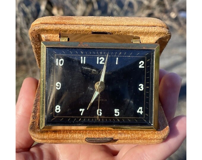 Vintage Seth Thomas Travel Alarm Clock Germany Black Face Leather Fold