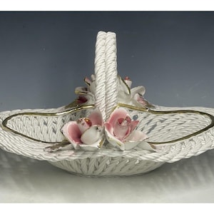 Vintage 20th C. Capodimonte Mid-Century Ceramic Rose Basket Italy Art Decor