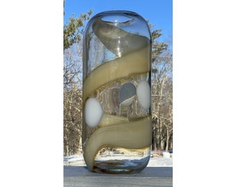 LARGE 15" Anthropologie FUNKY Glass Swirl Dot Spot Modern Vase Cream & White