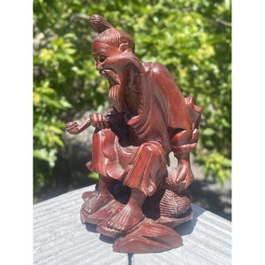 Antique - Vintage Chinese Old Man with Pipe Hand Carved Hard Wood Statue