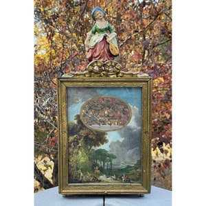 Vintage Folk Art Clock Case Display Box W Print & Porcelain Ceramic Statue Frame
