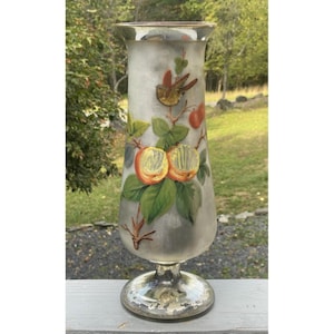 RARO E GRANDE Vaso antigo de vidro de mercúrio, estilo vitoriano, pintado à mão, século XIX, inglês