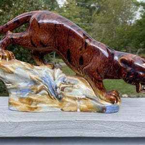 Mid-Century Modern Hand Painted Chinese Tiger Sculpture Ceramic Art Statue Decor