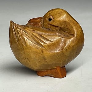Vintage Folk Art Hand Carved Miniature Duck Figurine Wooden Carving Duckling