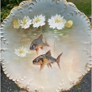 Antique Klingenberg Limoges Hand Painted Fish Cabinet Plate Circa 1900 - 1910