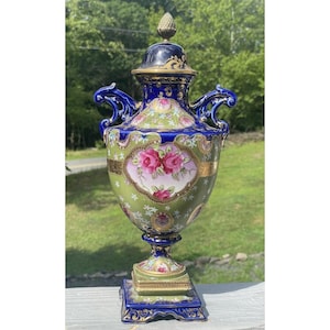 Bohemia After Royal Vienna Porcelain Urn Acorn Finial Hand Painted Cobalt & Rose
