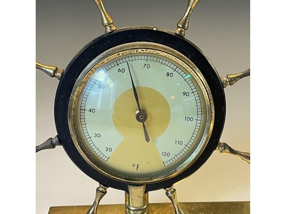 Antique - Vintage Germany Brass Ships Wheel Thermometer Hygrometer