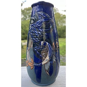 RARE Antique BARON Barnstaple Sgraffito Pottery Pitcher Fish Arts Crafts Nouveau