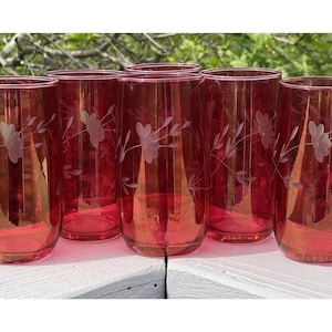 May include: Six red glass tumblers with etched floral designs. The glasses are clear with a red tint and have a delicate floral pattern etched into the glass.